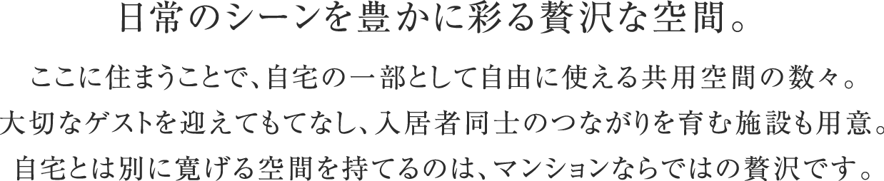 日常のシーンを豊かに彩る贅沢な空間。ここに住まうことで、自宅の一部として自由に使える共用空間の数々。大切なゲストを迎えてもてなし、入居者同士のつながりを育む施設も用意。自宅とは別に寛げる空間を持てるのは、マンションならではの贅沢です。